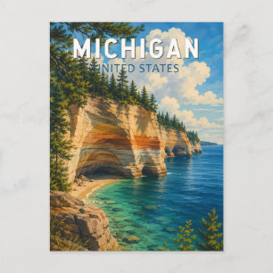 Michigan Illustration Travel Art Vintage Postcard