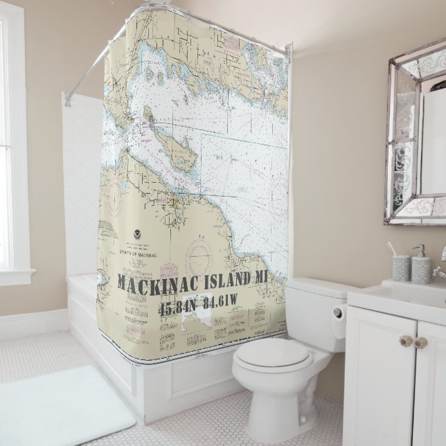 Michigan Latitude Longitude Nautical Mackinac Isl. Shower Curtain (In Situ)