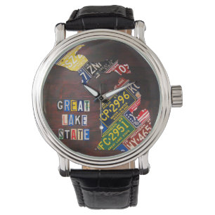 Michigan License Plate Map Art Wrist Watch