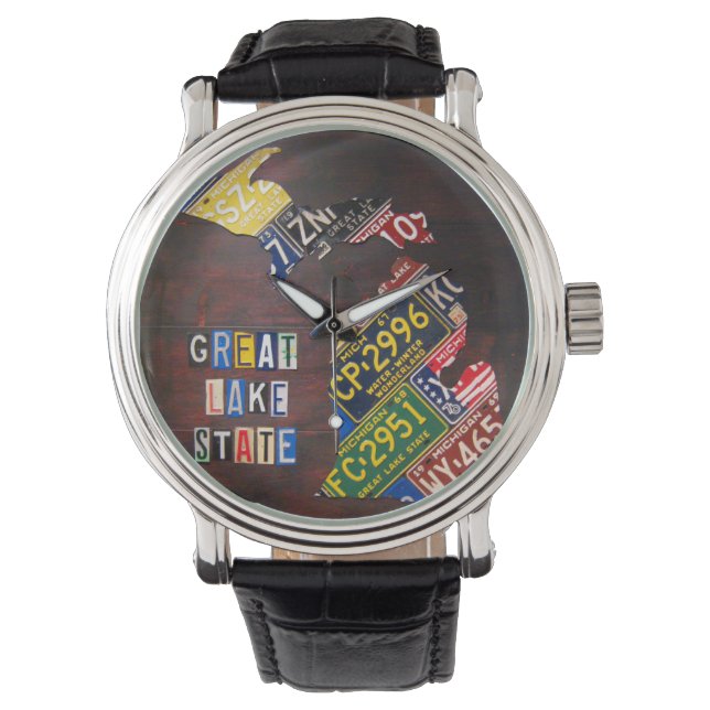 Michigan License Plate Map Art Wrist Watch (Front)