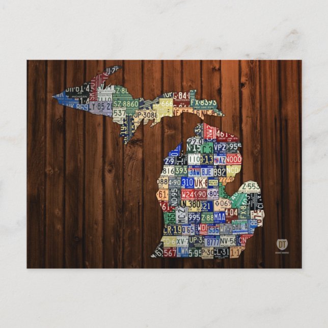 Michigan License Plate Map of Counties on Wood Postcard (Front)