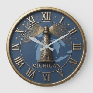 Michigan Lighthouse and State Map  Large Clock