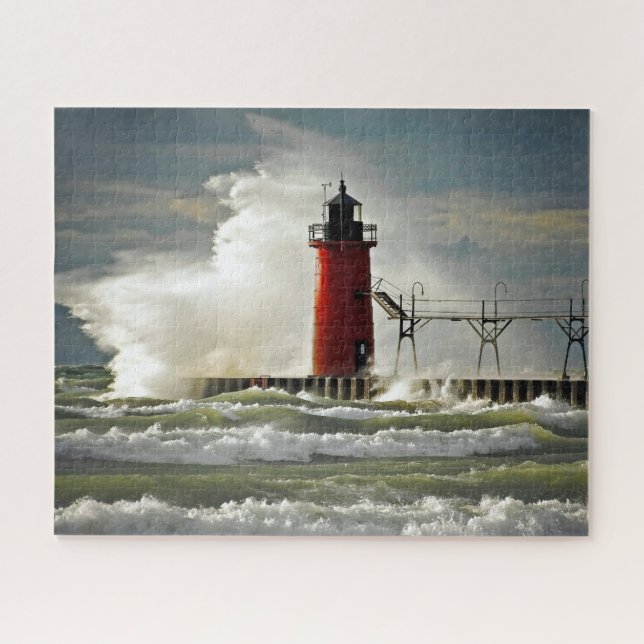 Michigan lighthouse with big wave jigsaw puzzle (Horizontal)