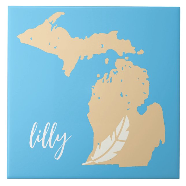 Michigan Map Feather Custom Name Blue Tan Tile (Front)