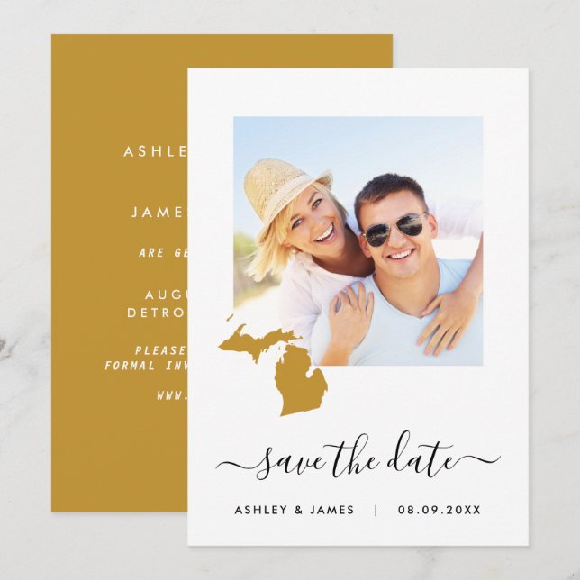 Michigan Map Photo Wedding Save the Date Card (Front/Back)