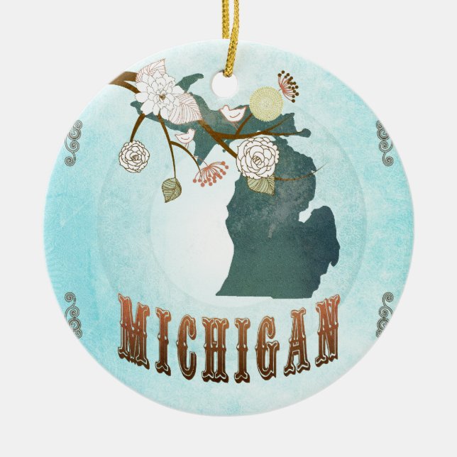 Michigan Map With Lovely Birds Ceramic Tree Decoration (Front)