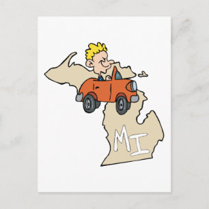 Michigan MI Map & Car Cartoon Art Motto Postcard