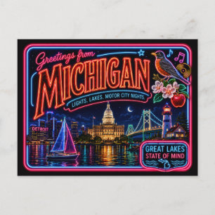 Michigan Neon State Retro Vintage Postcard