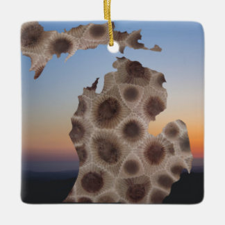 Michigan Petoskey Stone, Great Lakes mitten Ceramic Ornament