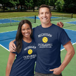 Michigan Pickleball Add Club Partner Name Custom T-Shirt<br><div class="desc">Show off your love of Michigan pickleball (easily change state name and shirt colour) with this awesome pickleball shirt for clubs, teams, partners or everyday court wear. Just add your 3 lines of custom text to make a totally unique pickleball shirt. Great for tournaments, matching club shirts or to give...</div>
