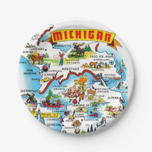 Michigan Postcard Map Paper Plate