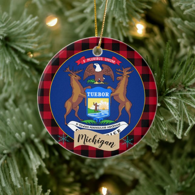 Michigan, Red buffalo plaid & Michigan Flag Ceramic Tree Decoration (Tree)