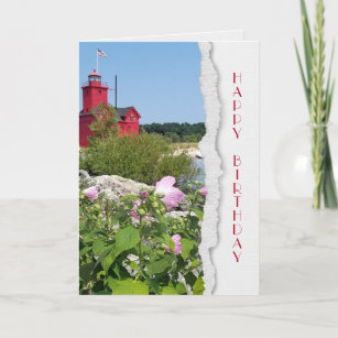 Michigan Red Lighthouse and Hibiscus Card