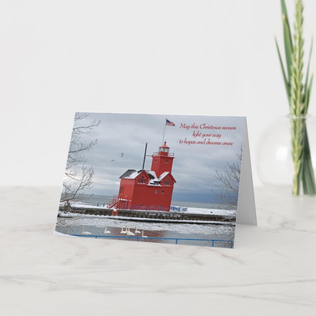 Michigan Red Lighthouse Christmas Holiday Card (Front)
