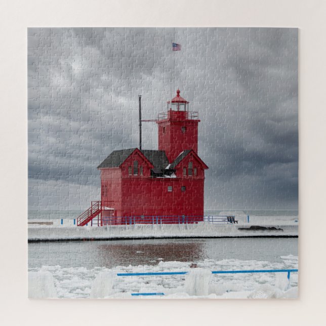 Michigan Red Lighthouse in Winter Jigsaw Puzzle (Vertical)