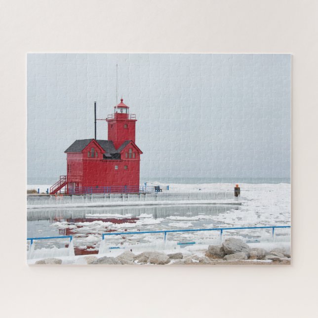 Michigan Red Lighthouse in winter Jigsaw Puzzle (Horizontal)