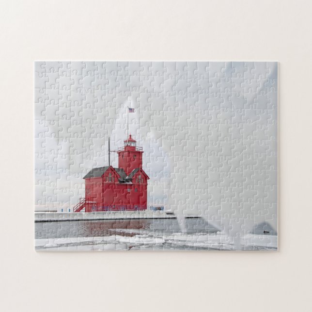 Michigan Red Lighthouse in Winter Jigsaw Puzzle (Horizontal)