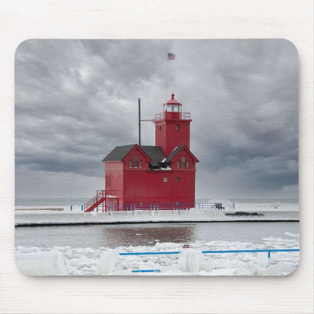 Michigan Red Lighthouse in Winter Mouse Mat (Front)