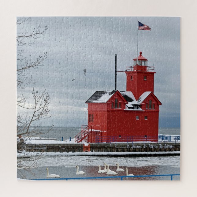 Michigan Red Lighthouse with Swans Jigsaw Puzzle (Vertical)