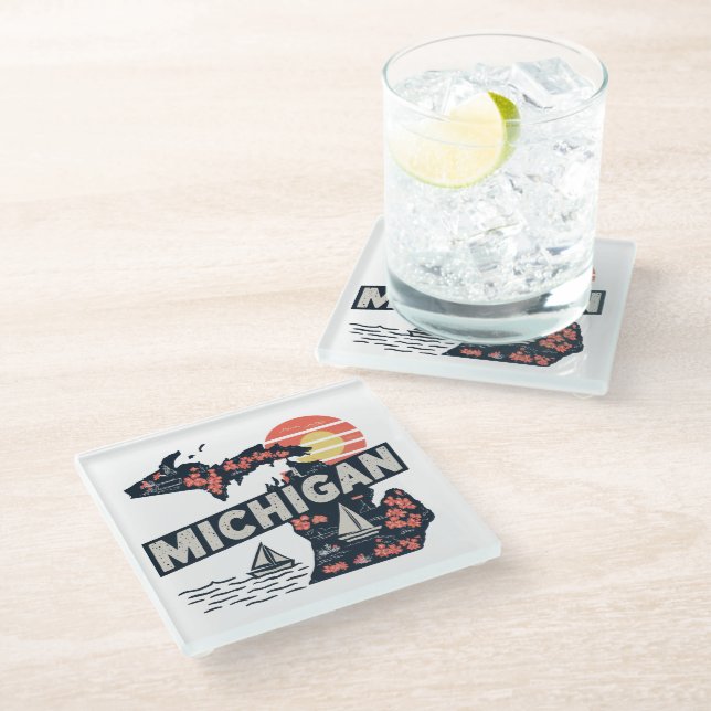 Michigan Retro Silhouette Glass Coaster (Angled)