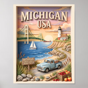 Michigan Road Trip Mackinac Bridge Vintage Truck Poster