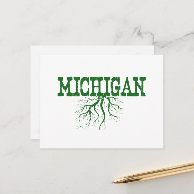 Michigan Rooted with Green Tree Roots Word Art Postcard (Front/Back In Situ)