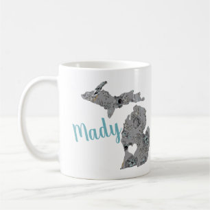 Michigan Shape With Name & Grey Blue Poppy Floral Coffee Mug
