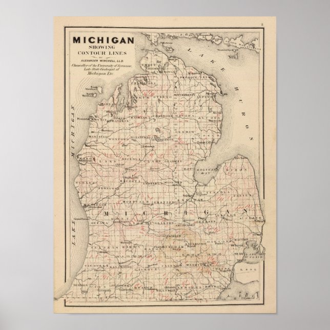 Michigan showing contour lines poster (Front)