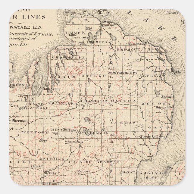 Michigan showing contour lines square sticker (Front)