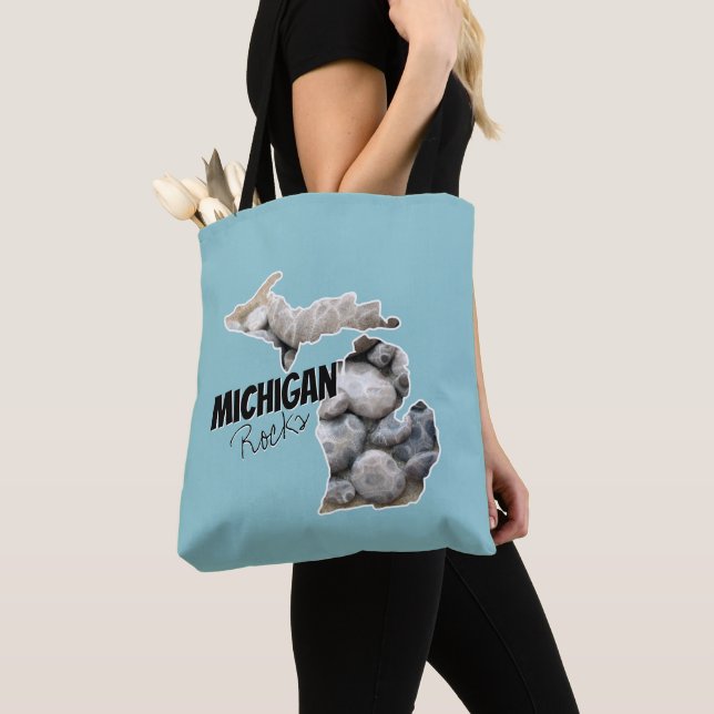Michigan Silhouette Filled With Petoskey Stones Tote Bag (Close Up)