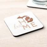 Michigan Silhouette With Heart Love Copper Coaster<br><div class="desc">Home Heart Michigan Copper Silhouette. Cursive home typography with the "O" replaced with the state of Michigan silhouette. Design from the Michigander.</div>