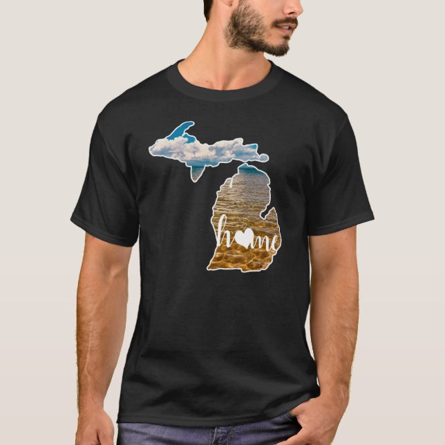 Michigan Silhouette With Home & Lake Photo T-Shirt (Front)