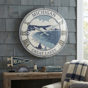 Michigan Sleeping Bear Dunes Coastal Navy  Large Clock
