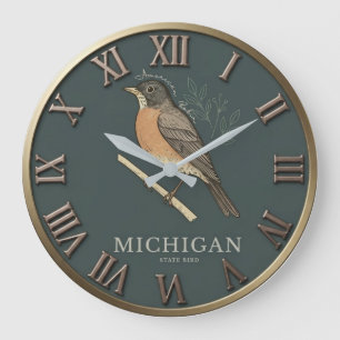 Michigan State Bird American Robin Dark Green Large Clock
