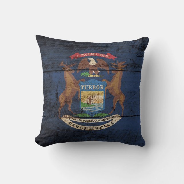 Michigan State Flag on Old Wood Grain Cushion (Front)