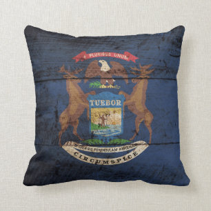 Michigan State Flag on Old Wood Grain Cushion