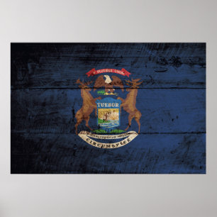 Michigan State Flag on Old Wood Grain Poster
