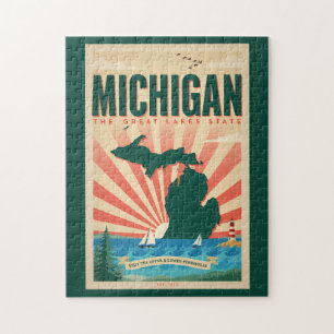 Michigan State Illustration Travel Art Vintage Jigsaw Puzzle