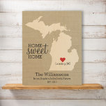 Michigan State Map Custom Family Name Established Wood Wall Art<br><div class="desc">Show your Michigan and family love/pride with this beautiful custom wood wall art. A rustic chic wood-grained design features a MI state map silhouette, "Home Sweet Home" typography, a red heart showing where you live, all set against a faux burlap/linen tan background. Customise the text with your family names, established...</div>