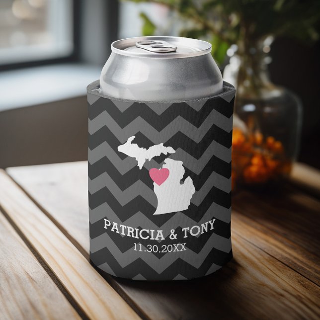 Michigan State Map with Custom Love Heart and Name Can Cooler (Celebrate with a personalized can cooler - add your name or monogram. Great party favor or gift)