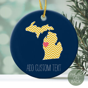 Michigan State Map with Custom Love Heart and Name Ceramic Tree Decoration