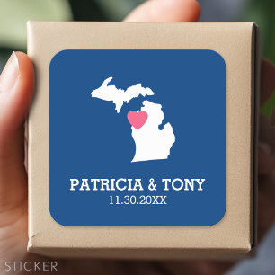 Michigan State Map with Custom Love Heart and Name Square Sticker
