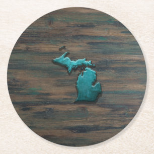Michigan State Shape Teal Round Paper Coaster
