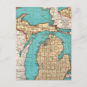 Michigan State Vintage Map Postcard
