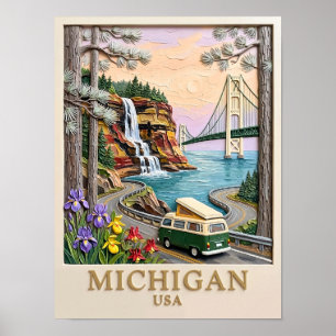 Michigan USA Road Trip Pictured Rocks Vintage Van Poster