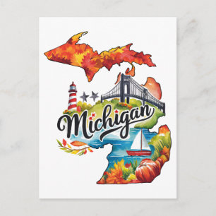 Michigan USA State Shaped Vintage Watercolor Postcard