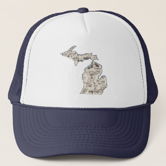 Michigan Vintage Picture Map Baseball Style Trucker Hat (Front)