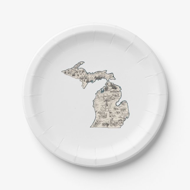 Michigan Vintage Picture Map Paper Party Plates (Front)