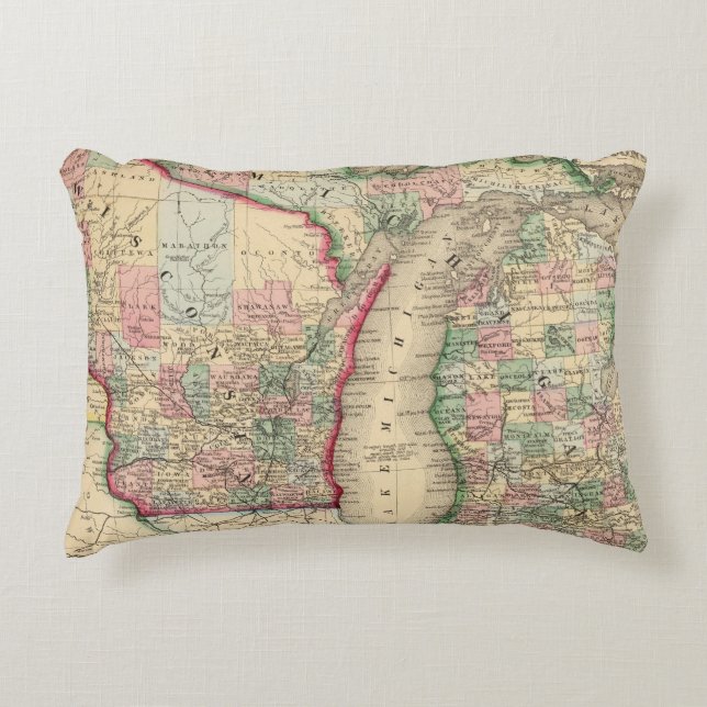 Michigan, Wisconsin Map by Mitchell Decorative Cushion (Front)