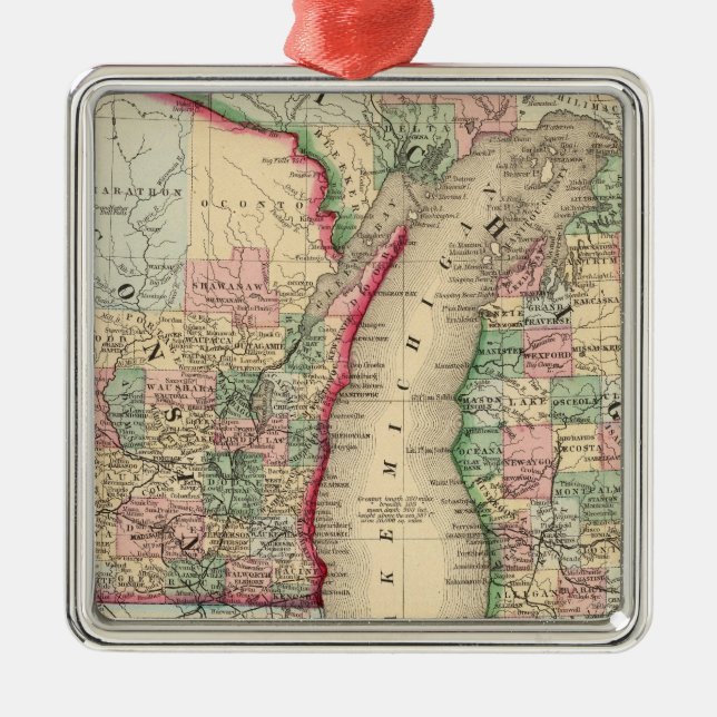 Michigan, Wisconsin Map by Mitchell Metal Tree Decoration (Front)